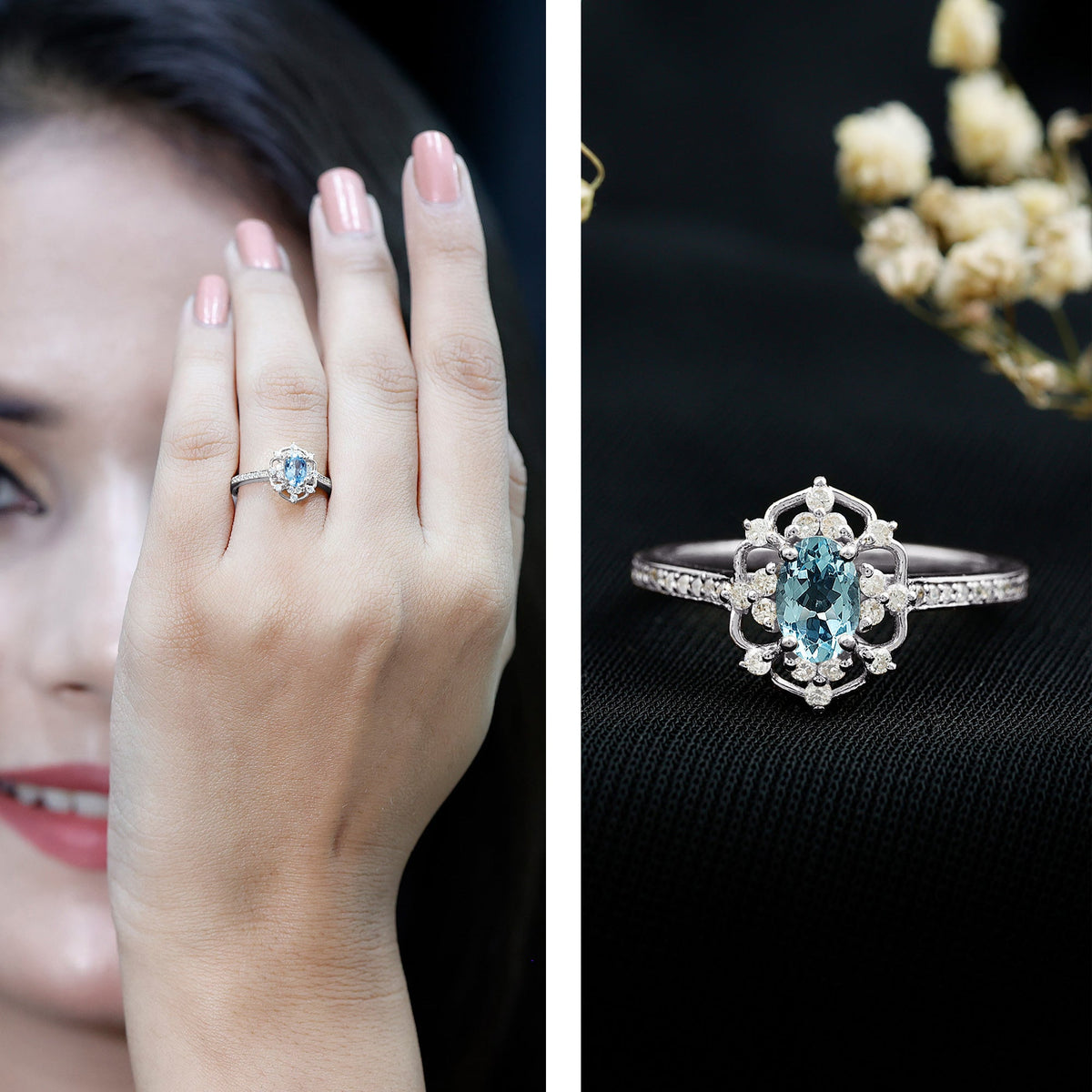 Vintage aquamarine and diamond engagement ring by Rosec Jewels featuring a large aquamarine center stone and sparkling accent diamonds.