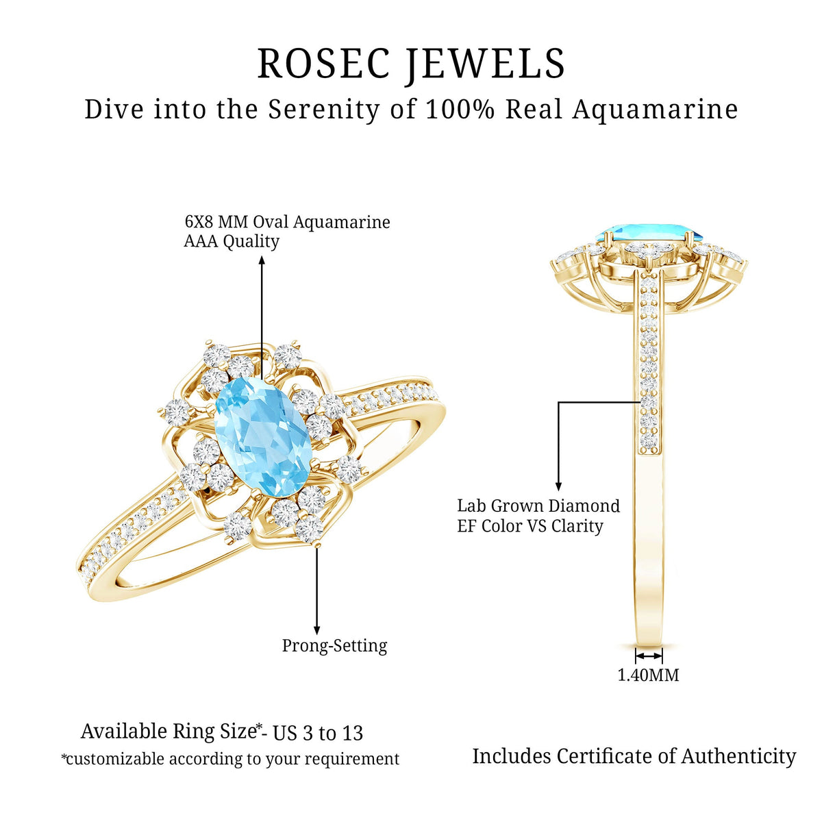 Vintage aquamarine and diamond engagement ring from Rosec Jewels featuring a detailed band and a vibrant aquamarine gemstone.