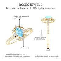 Vintage aquamarine and diamond engagement ring from Rosec Jewels featuring a detailed band and a vibrant aquamarine gemstone.