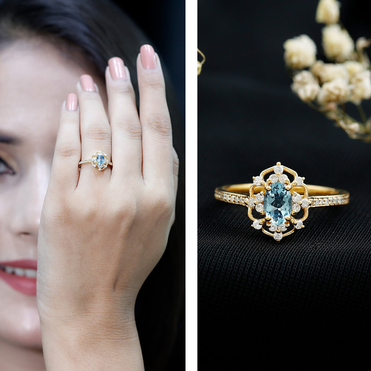 Vintage aquamarine and diamond engagement ring by Rosec Jewels featuring a central aquamarine gemstone with diamond accents.