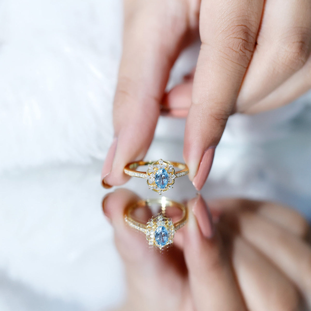 Vintage aquamarine and diamond engagement ring by Rosec Jewels featuring a detailed design and a certificate of authenticity.