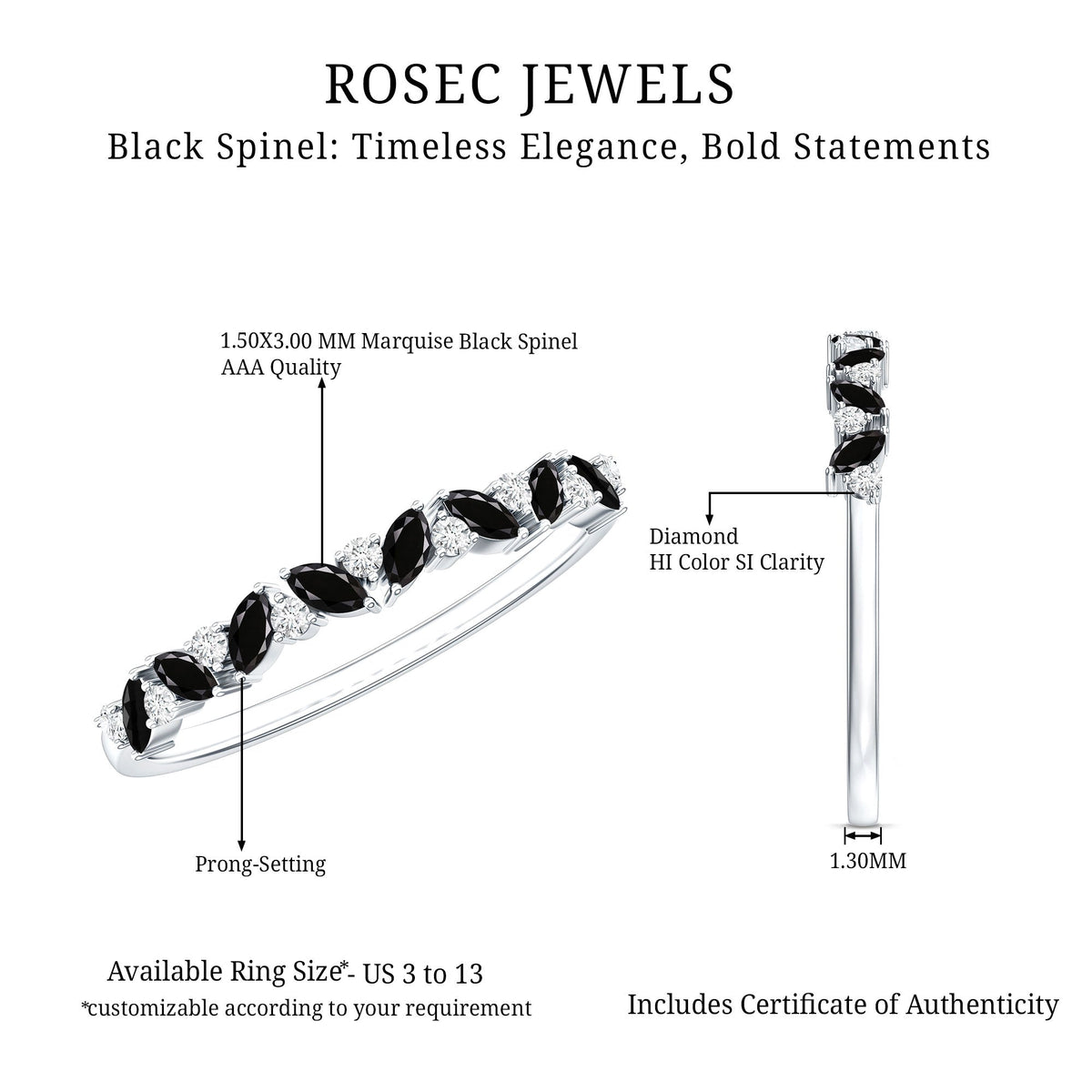 Natural Marquise Black Spinel Diamond Half Eternity Ring