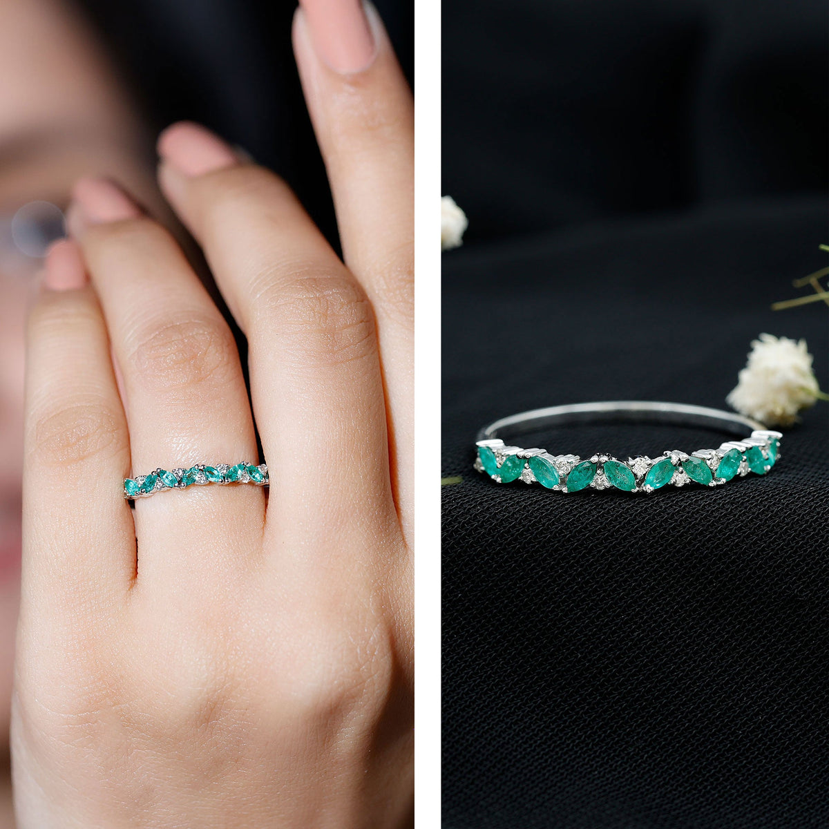 Marquise Emerald and Diamond Half Eternity Ring
