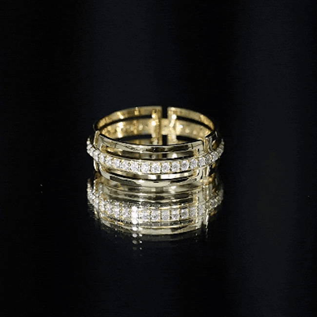 Yellow gold moissanite wedding band in pinpoint setting, featuring sparkling stones on a sleek Rosec Jewels ring.