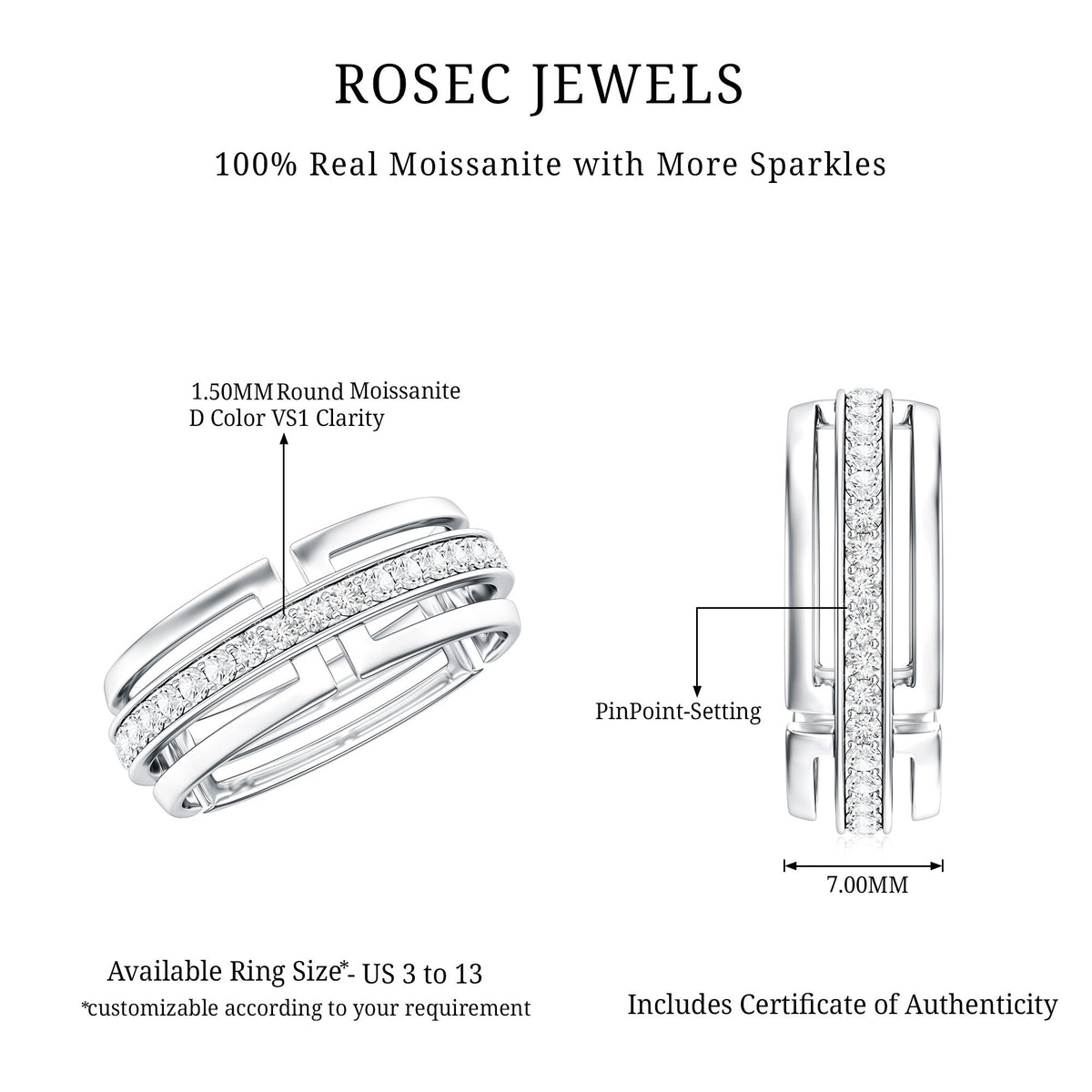 Rosec Jewels moissanite wedding band in pinpoint setting, showcasing a sleek, elegant ring with sparkling stones on a white background.