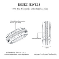 Rosec Jewels moissanite wedding band in pinpoint setting, showcasing a sleek, elegant ring with sparkling stones on a white background.