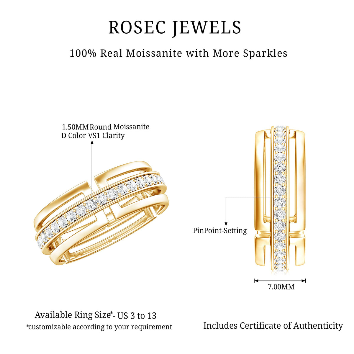Moissanite wedding band in pinpoint setting with sparkling stones, crafted by Rosec Jewels, showcasing elegant ring design.
