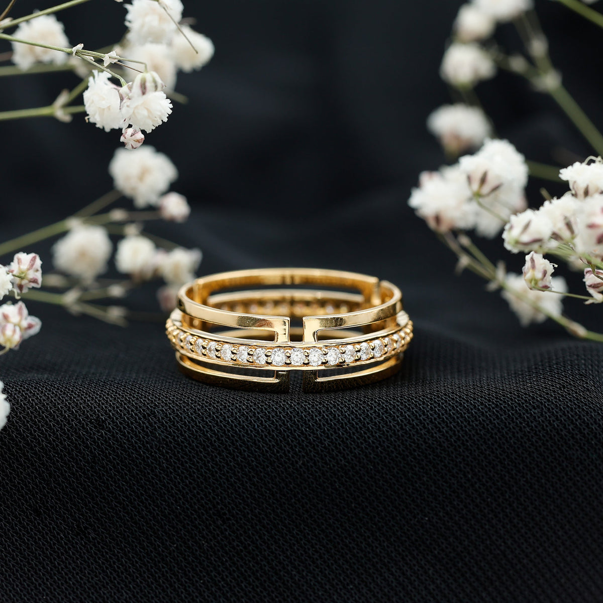 Rosec Jewels moissanite wedding band in pinpoint setting, showcasing a continuous row of sparkling gemstones on a sleek ring.