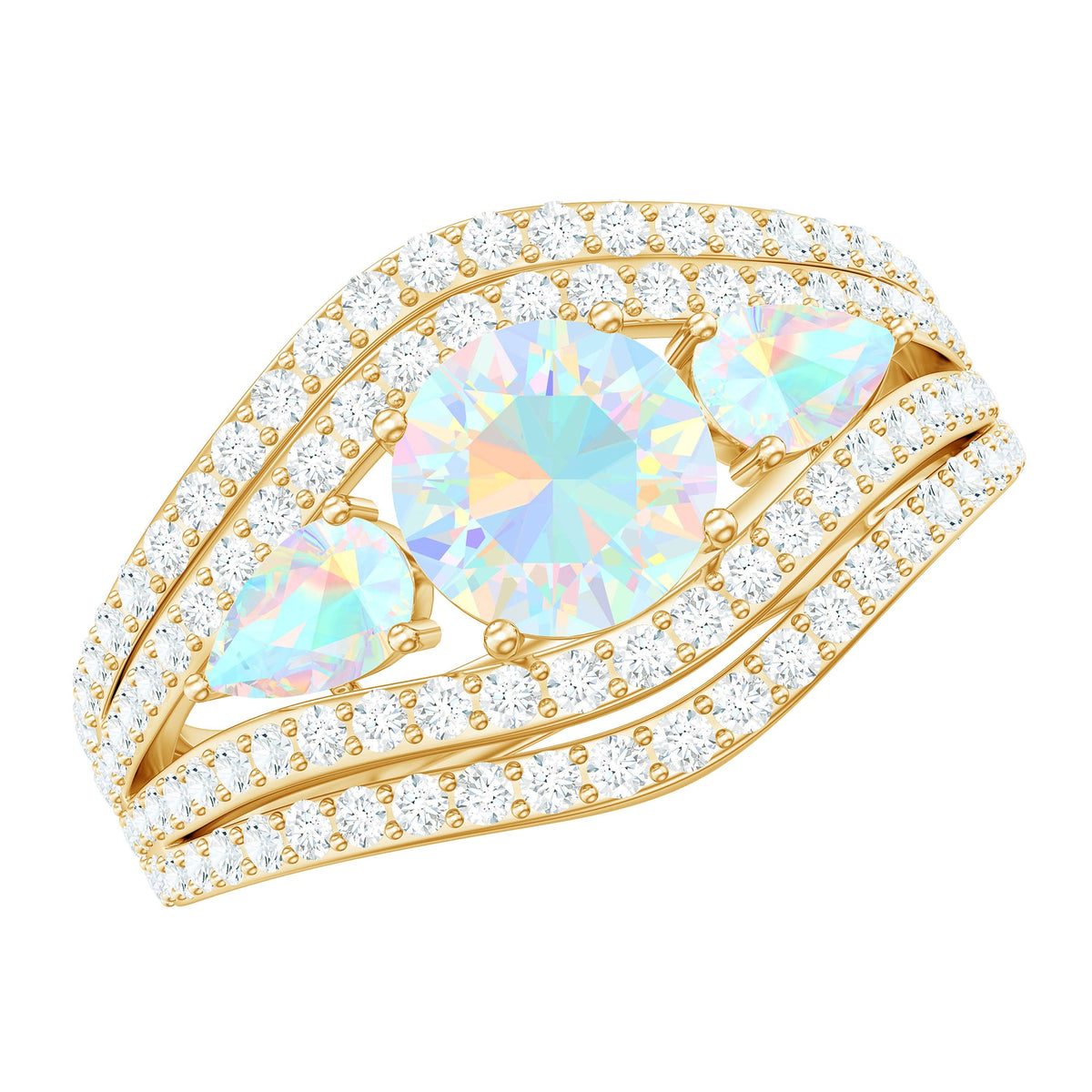 Real Ethiopian Opal 3 Stone Engagement Ring with Moissanite