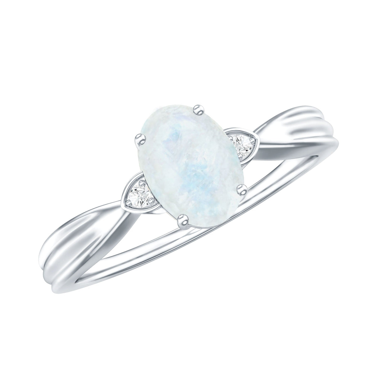 Oval cut moonstone solitaire ring with diamond accent from Rosec Jewels, showcasing the elegant gemstone setting.