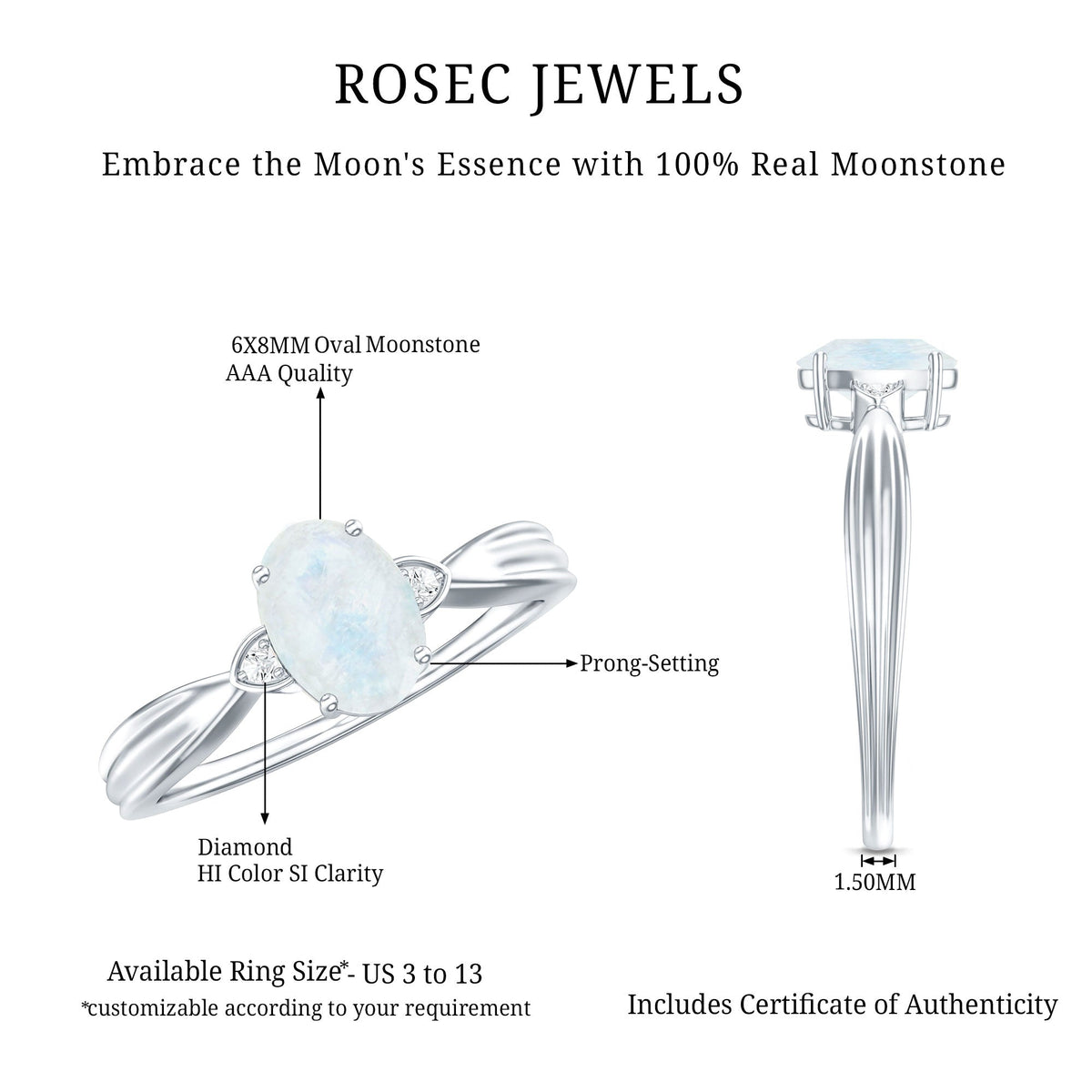 Oval cut moonstone solitaire ring with diamond accent by Rosec Jewels, showcasing the elegant gemstone setting.