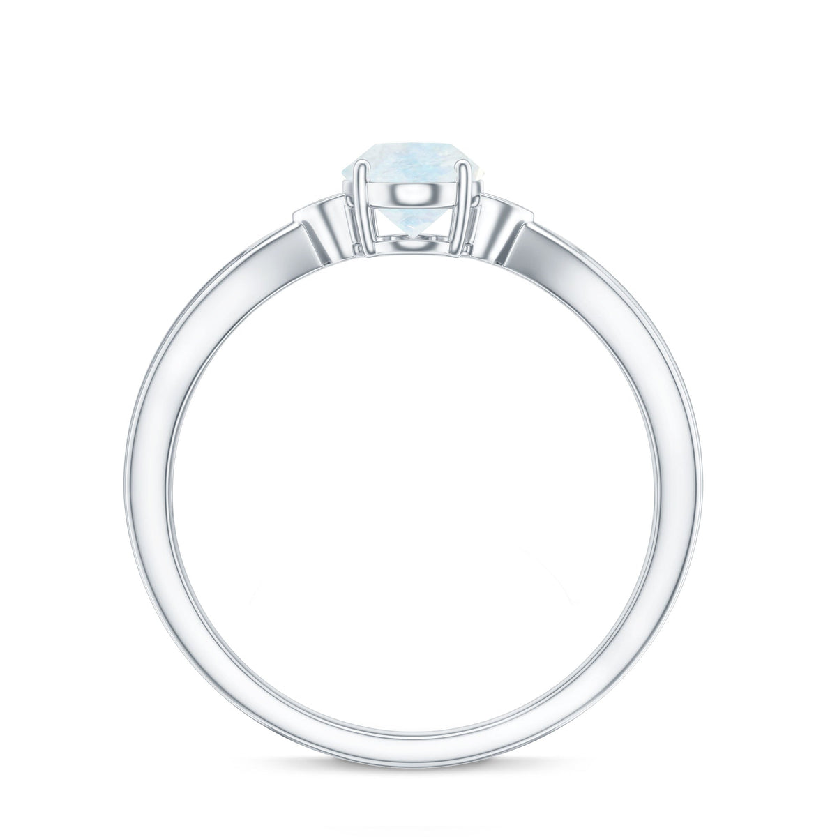 Oval cut moonstone solitaire ring with diamond accent, crafted by Rosec Jewels, featuring a elegant silver band.