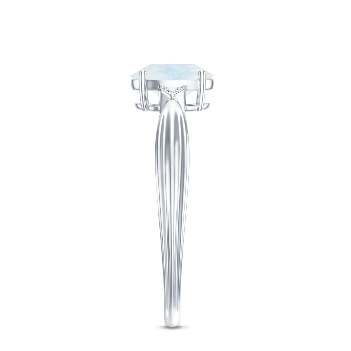 Oval cut moonstone solitaire ring with diamond accent by Rosec Jewels, showcasing a elegant gemstone design in a close-up view