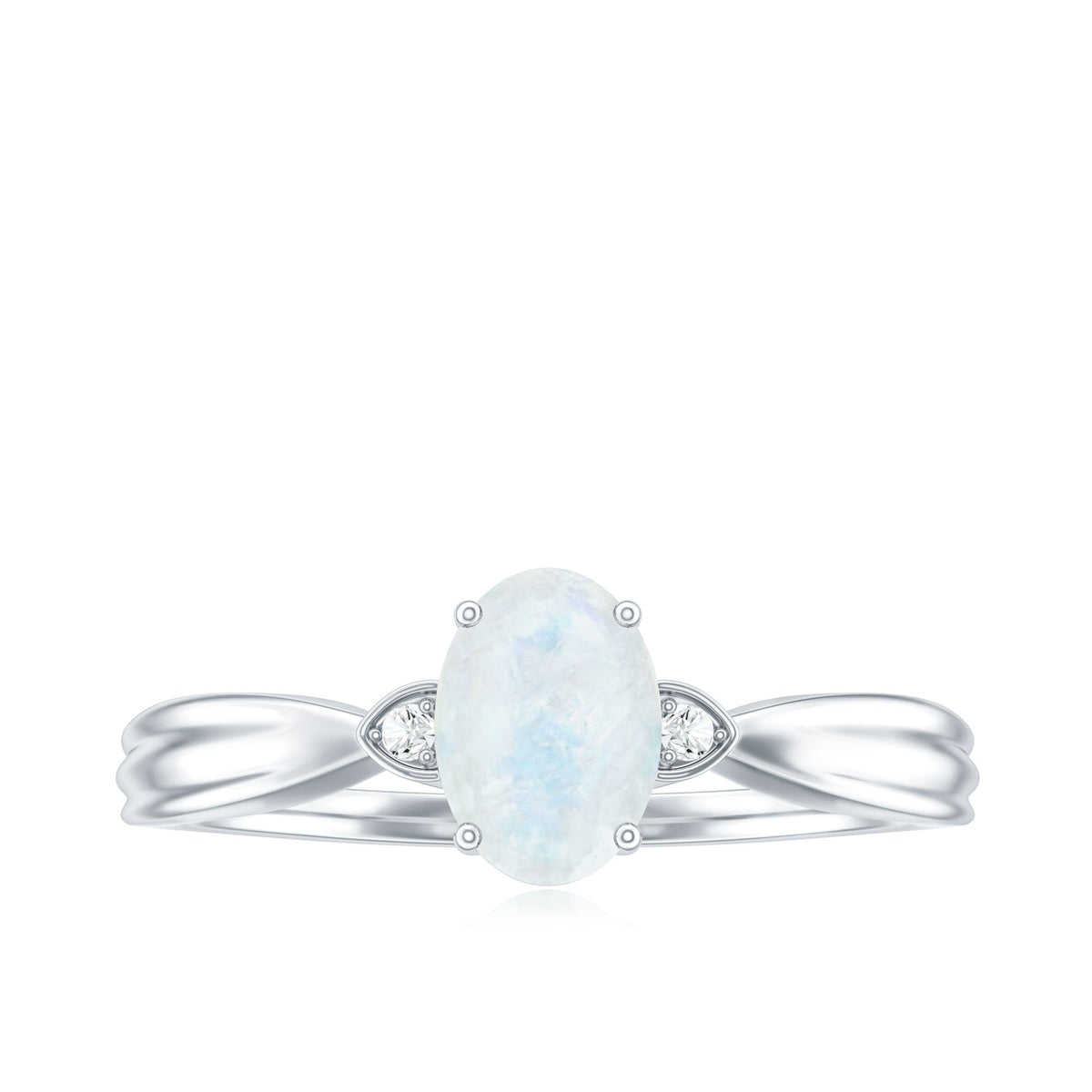 Oval cut moonstone solitaire ring with diamond accent, featuring a rose gold band, from Rosec Jewels.