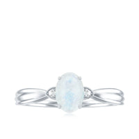 Oval cut moonstone solitaire ring with diamond accent, featuring a rose gold band, from Rosec Jewels.