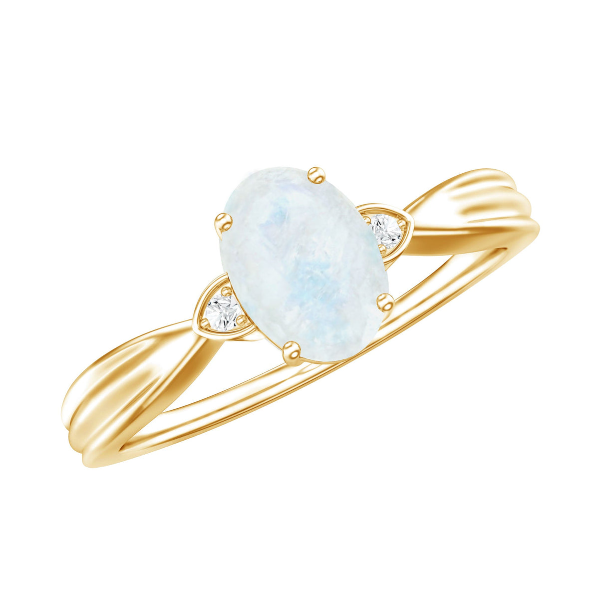 Oval cut moonstone solitaire ring with diamond accent, featuring a Rosec Jewels ring setting and elegant design.