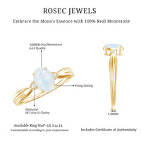 Oval cut moonstone solitaire ring with diamond accent from Rosec Jewels, showcasing the elegant design and sparkling gemstones.