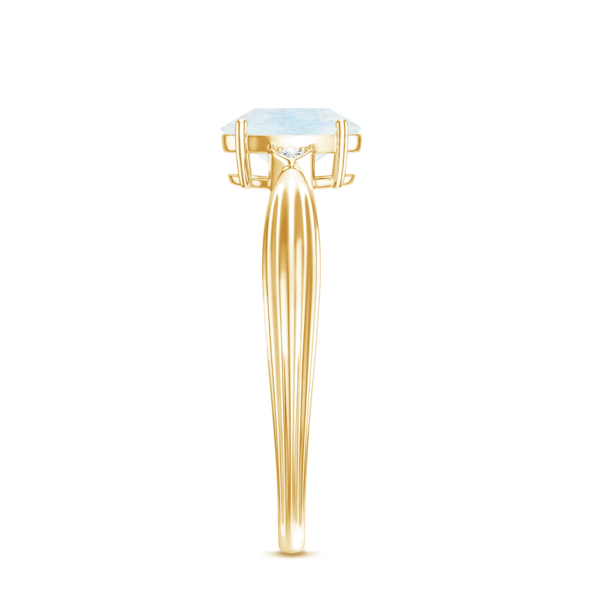 Oval cut moonstone solitaire ring with diamond accent from Rosec Jewels featuring a elegant gold band.