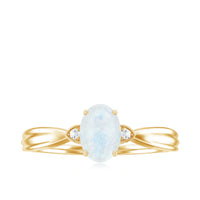 Oval cut moonstone solitaire ring with diamond accent from Rosec Jewels, showcasing elegant jewelry design.