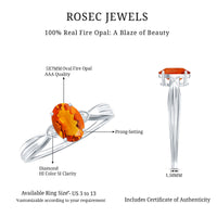 Oval 3/4 CT fire opal engagement ring with diamonds from Rosec Jewels, showcasing a stunning gemstone and sparkling accents.
