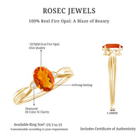 Oval 3/4 ct fire opal engagement ring with diamonds from Rosec Jewels, showcasing the vibrant orange and sparkling gemstones.