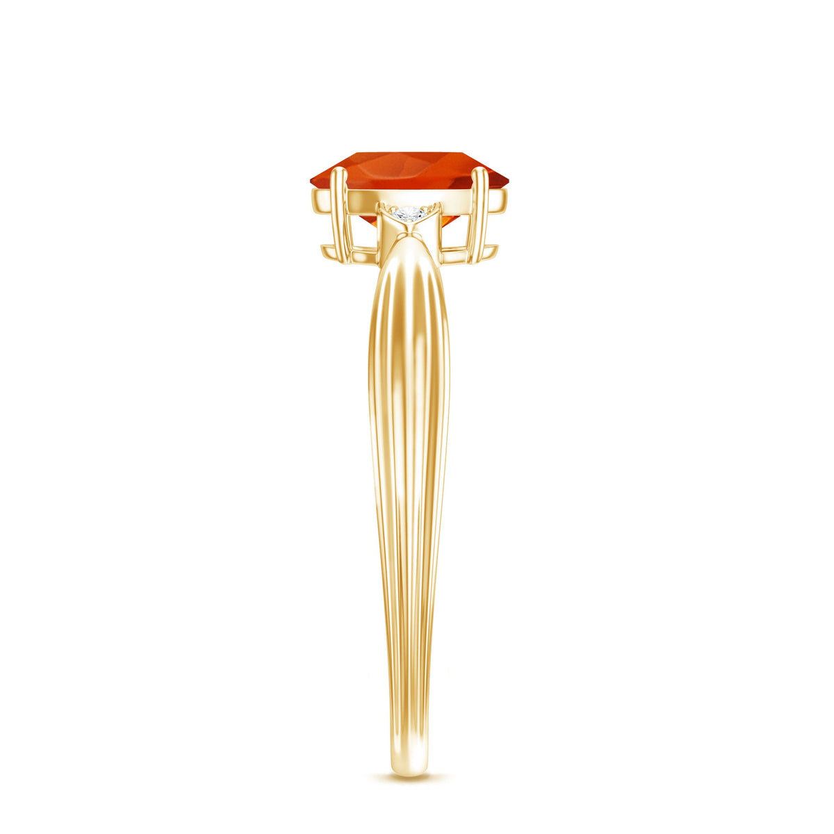 Oval-shaped fire opal engagement ring with diamonds from Rosec Jewels, showcasing the elegant 3/4-carat gemstone and sparkling accents.