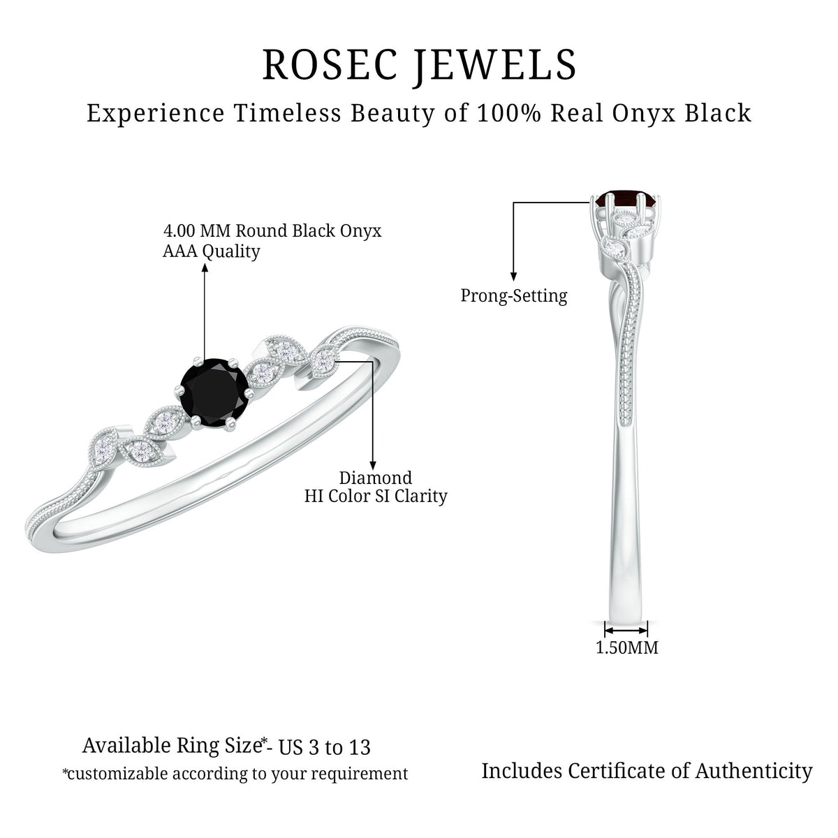 Black Onyx and Diamond Nature Inspired Promise Ring
