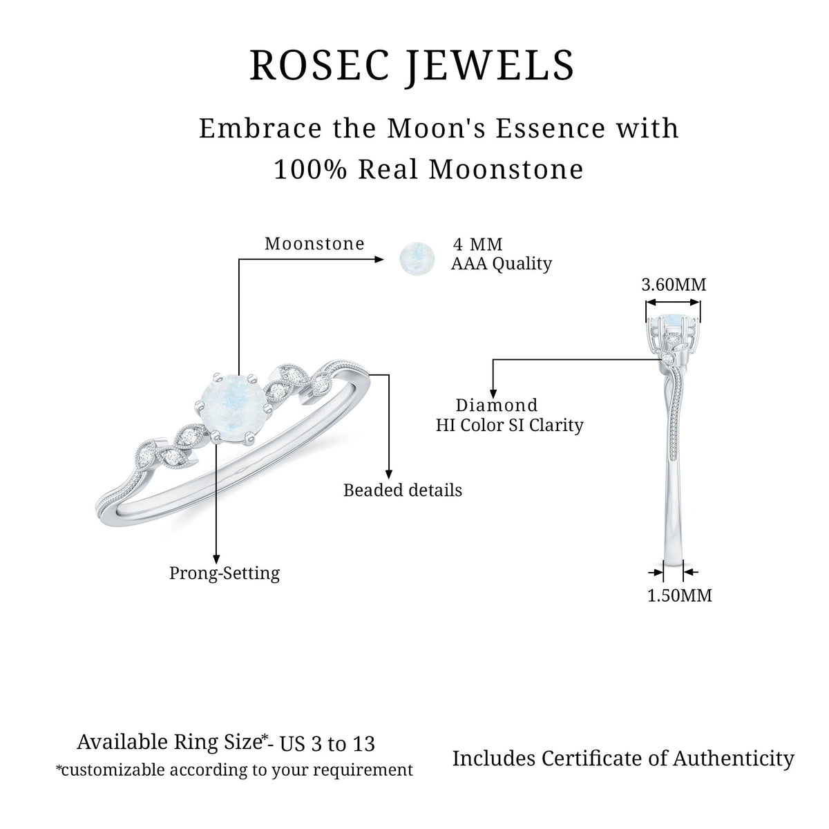 Nature-inspired moonstone and diamond promise ring for women by Rosec Jewels, featuring a delicate band and shimmering gemstones.