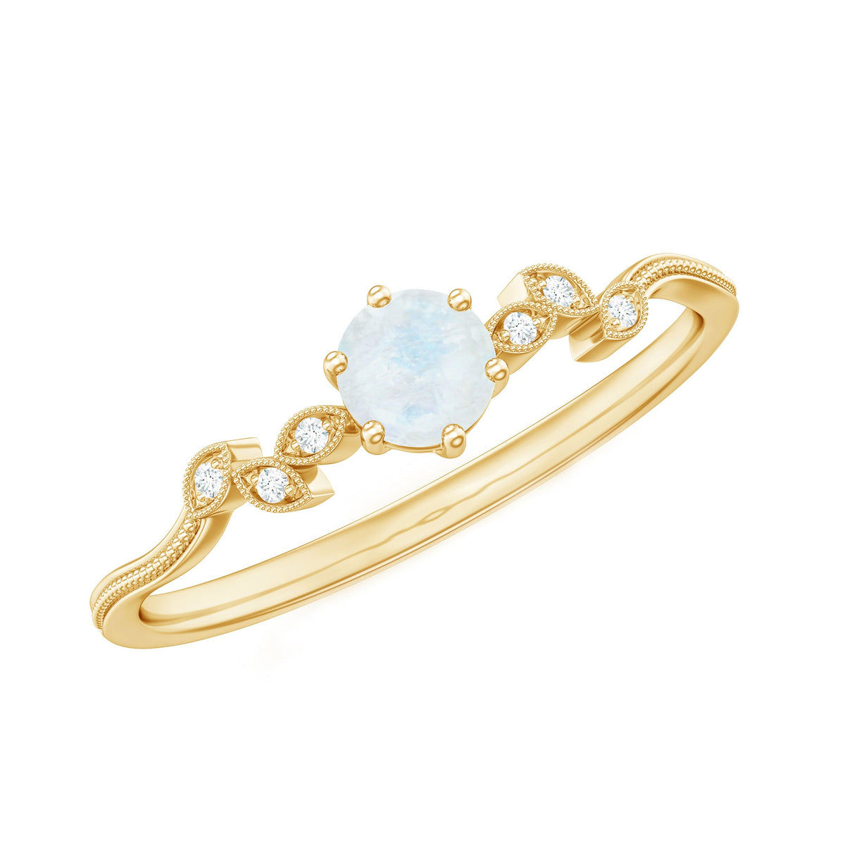 Nature-inspired moonstone and diamond promise ring for women, crafted by Rosec Jewels, with a delicate band and sparkling accents.