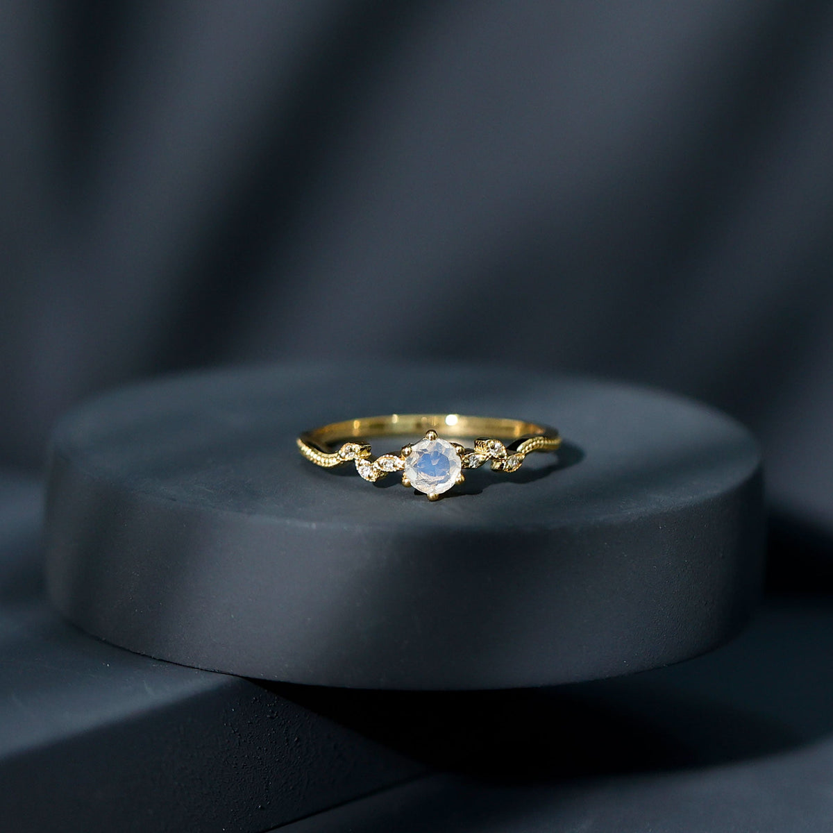 Nature-inspired moonstone diamond promise ring for women featuring elegant design and sparkling gemstones by Rosec Jewels.