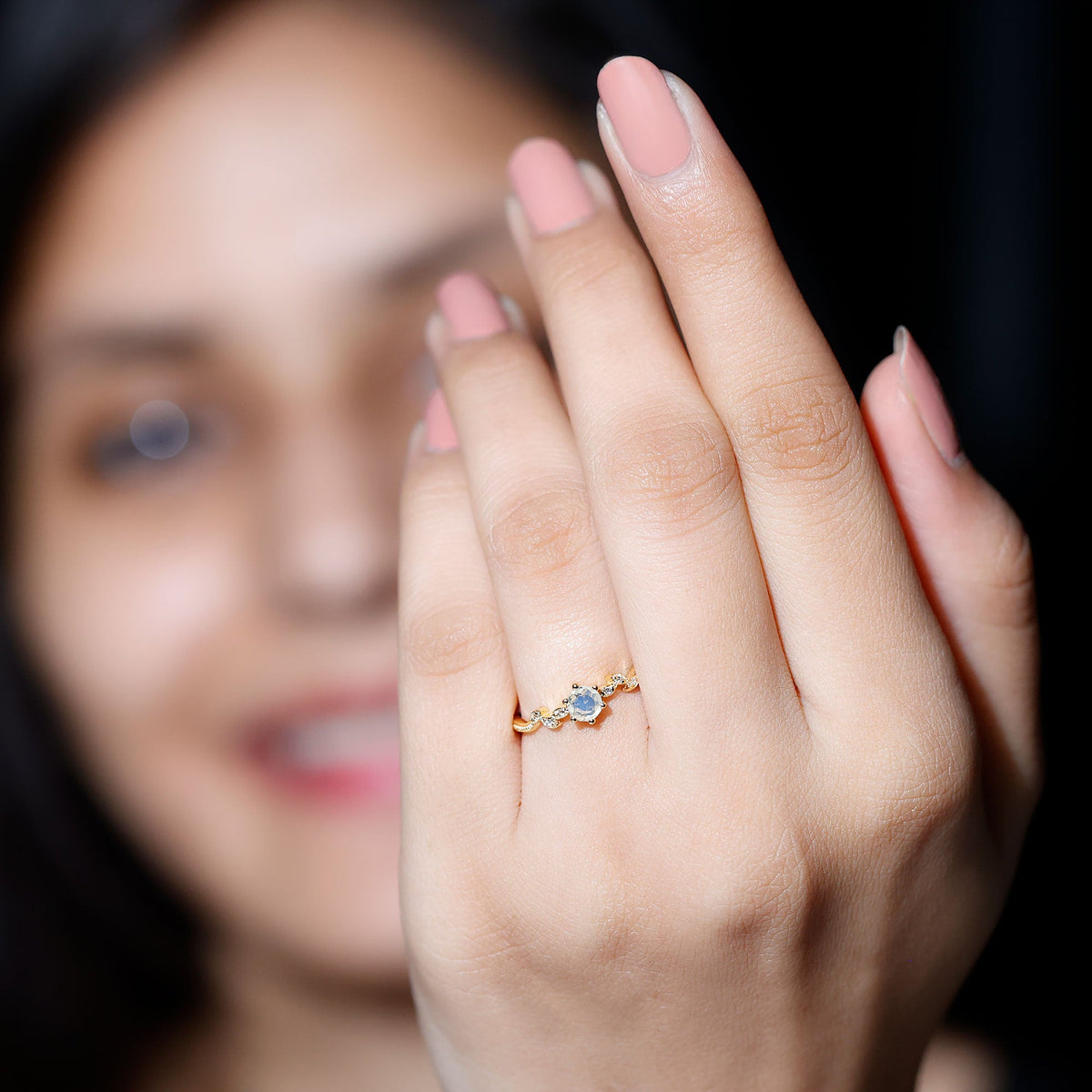Nature-inspired moonstone diamond promise ring for women by Rosec Jewels, featuring a moonstone and diamond accents on a delicate band.