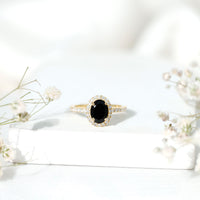 1 Carat Oval Black Onyx and Diamond Halo Engagement Ring