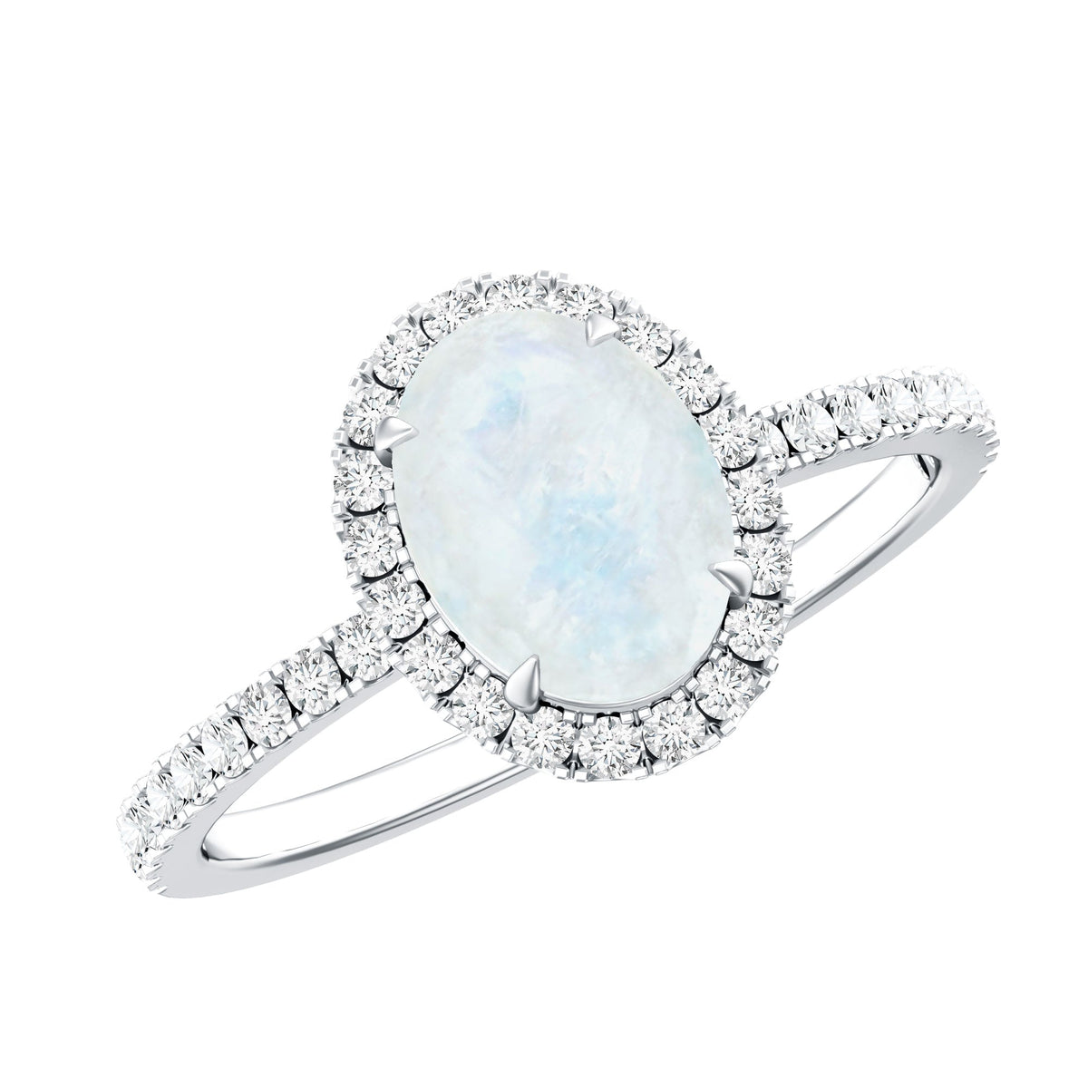 Oval moonstone engagement ring with diamond halo, set in a Rosec Jewels ring showcasing a elegant gemstone centerpiece.