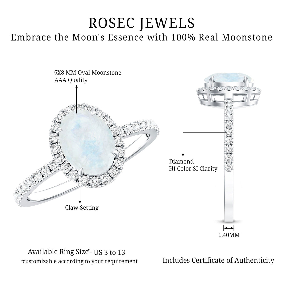 Oval moonstone engagement ring with diamond halo from Rosec Jewels, showcasing the elegant gemstone and sparkling surrounding diamonds.
