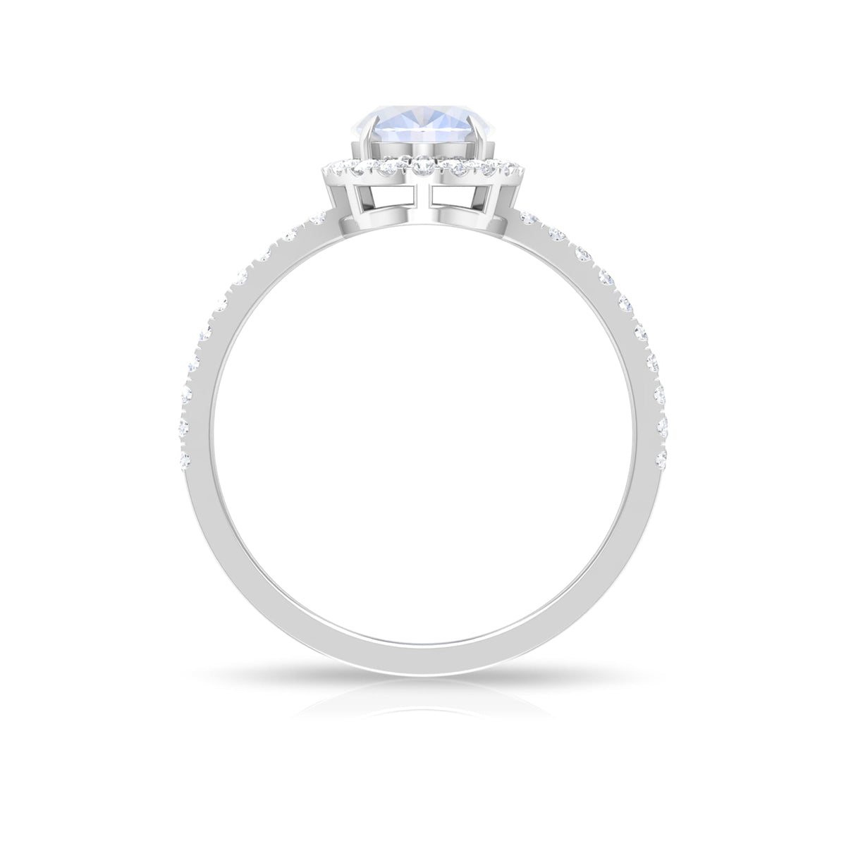 Oval moonstone engagement ring with diamond halo from Rosec Jewels, showcasing the gemstone and intricate halo setting.