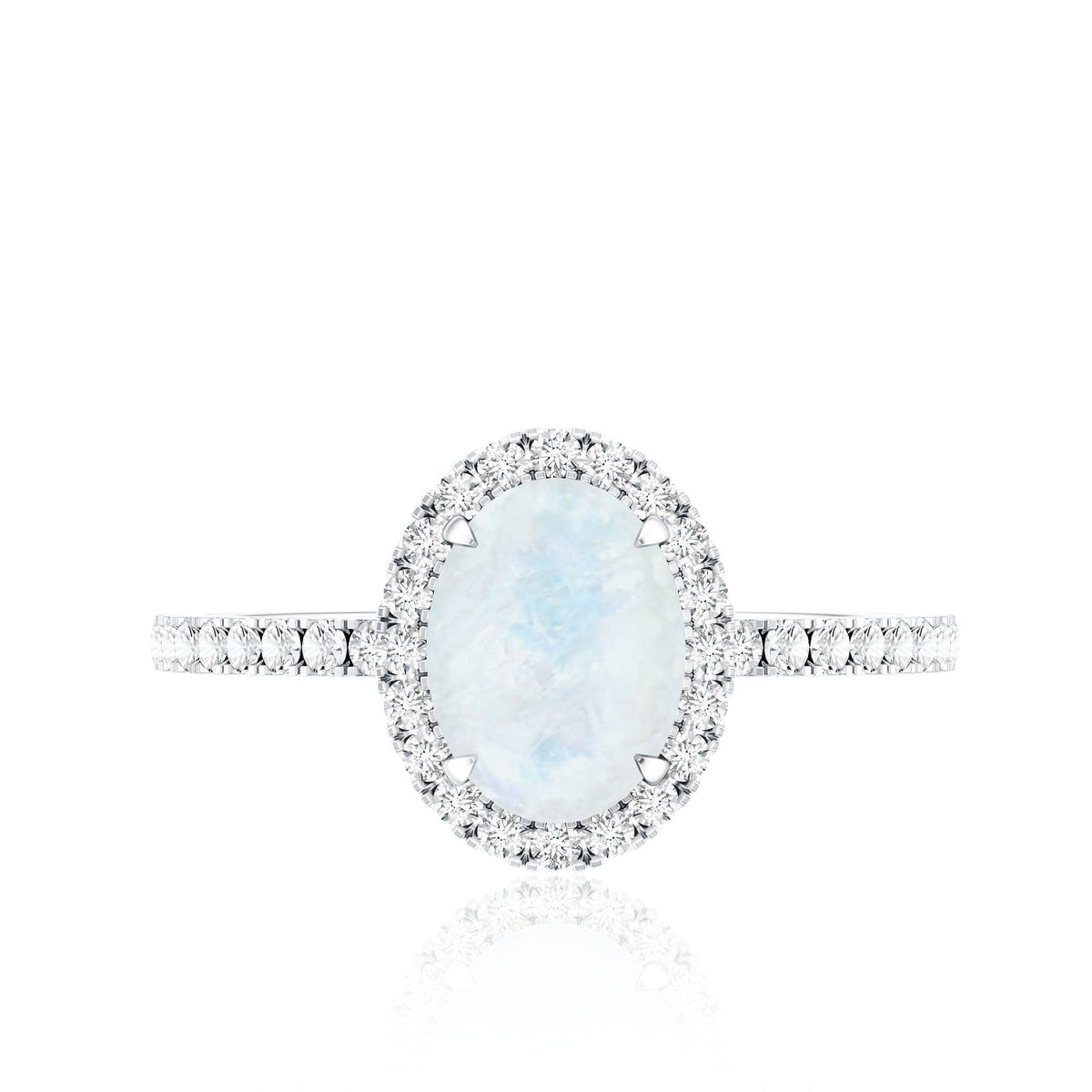 Oval moonstone engagement ring with diamond halo by Rosec Jewels, featuring a polished band and sparkling center stone.