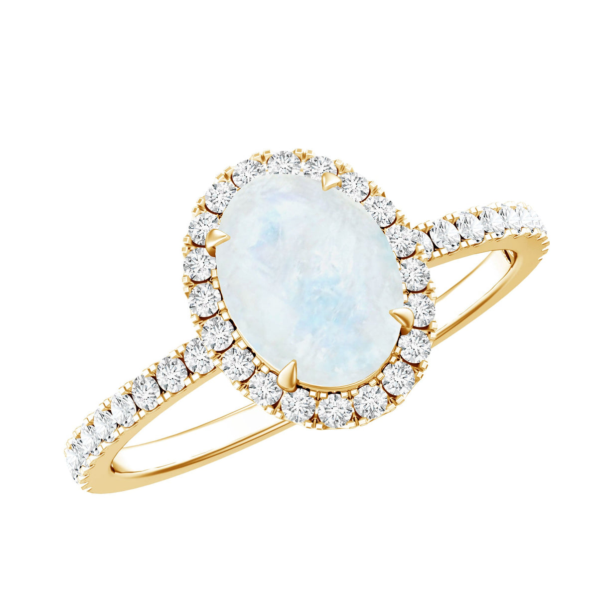 Oval moonstone engagement ring with diamond halo by Rosec Jewels, showcasing the intricate design and sparkling gemstones.