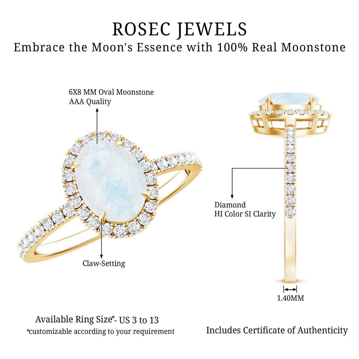Oval moonstone engagement ring with diamond halo in a silver setting, featuring intricate band details by Rosec Jewels.