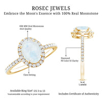Oval moonstone engagement ring with diamond halo in a silver setting, featuring intricate band details by Rosec Jewels.