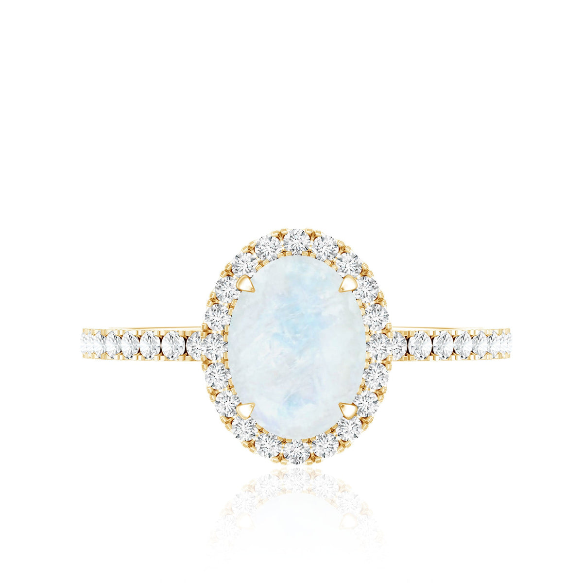 Oval moonstone engagement ring with diamond halo featuring a silver band, designed by Rosec Jewels.