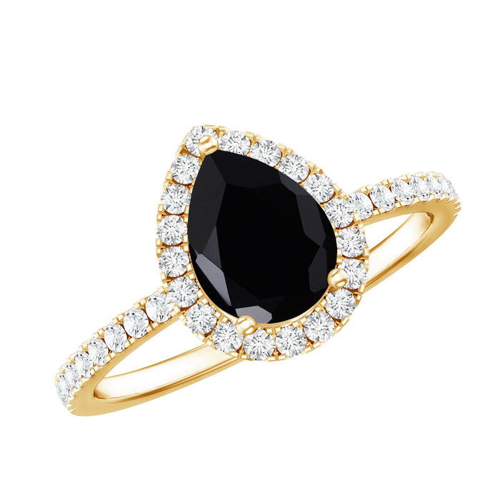 Genuine black onyx teardrop engagement ring with diamond accents, showcasing a elegant Rosec Jewels ring design.