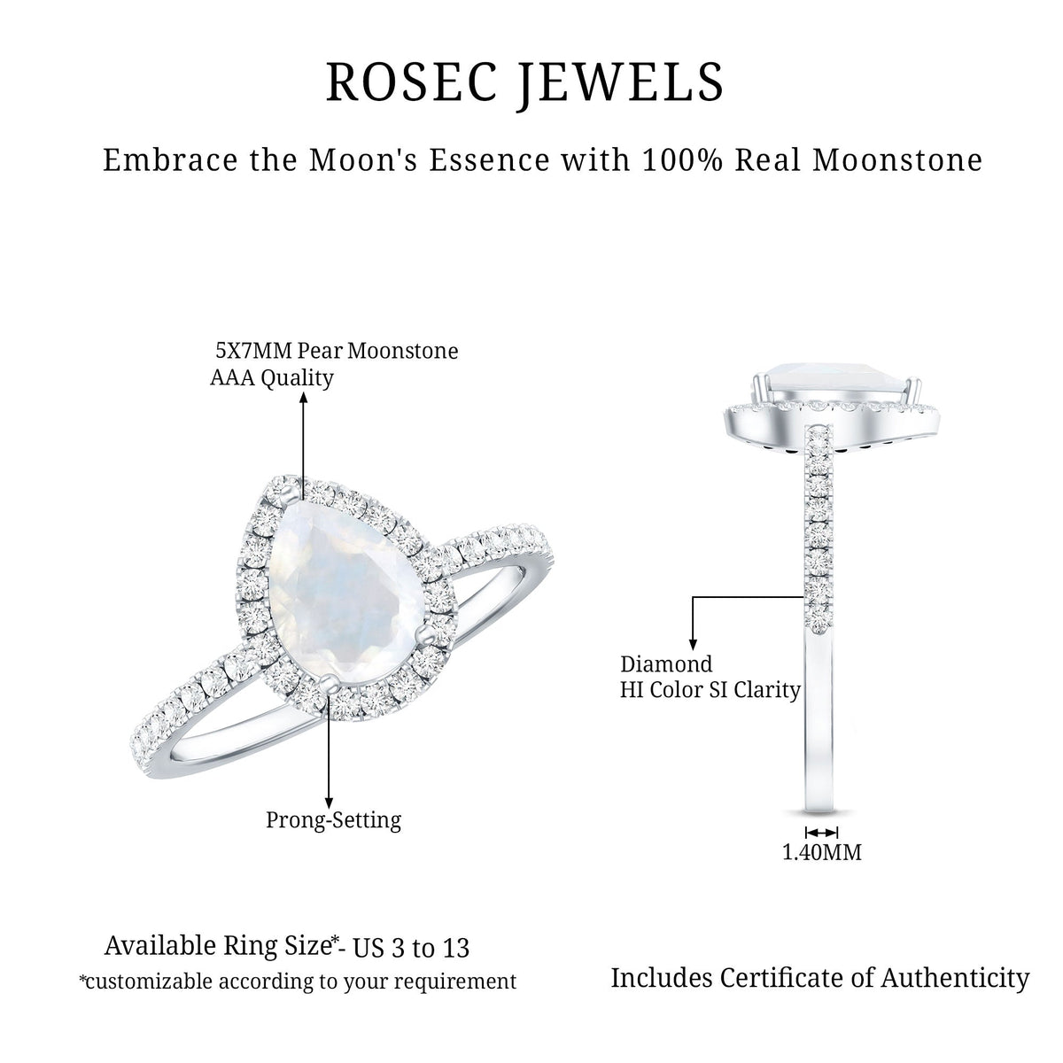 1.25 CT Pear Cut Moonstone Solitaire Simple Engagement Ring with Diamond Accent