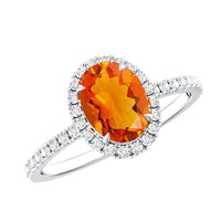 Oval 1 Carat Fire Opal engagement ring with diamond halo by Rosec Jewels, featuring a stunning fiery orange gemstone and sparkling diamonds.
