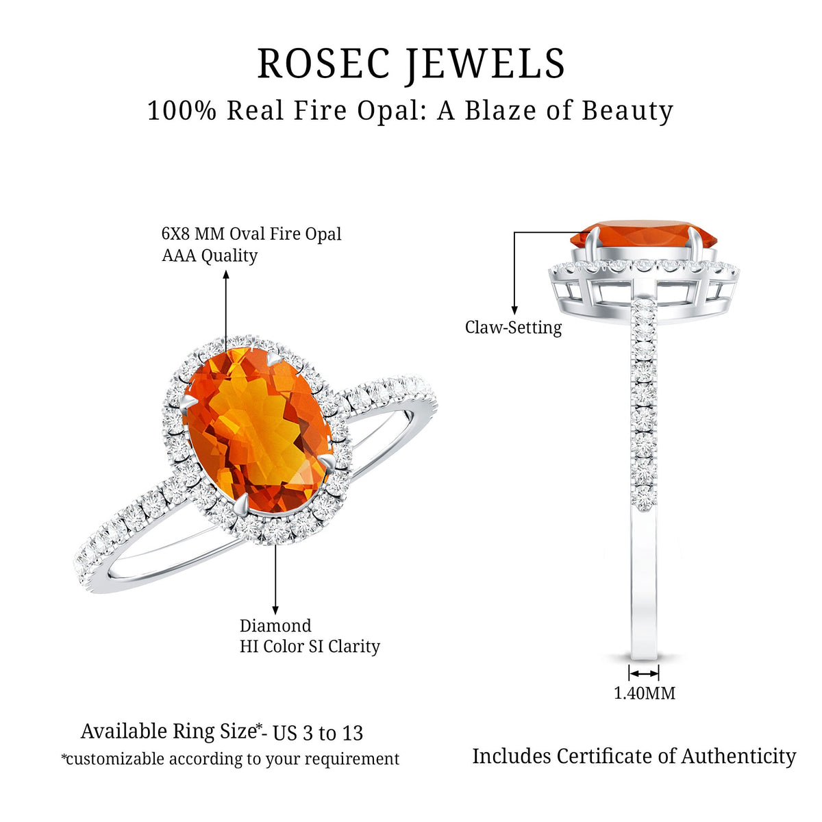 Oval 1 Carat fire opal engagement ring with diamond halo from Rosec Jewels, featuring a sleek gold band and sparkling gemstones.