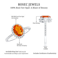 Oval 1 Carat fire opal engagement ring with diamond halo from Rosec Jewels, featuring a sleek gold band and sparkling gemstones.
