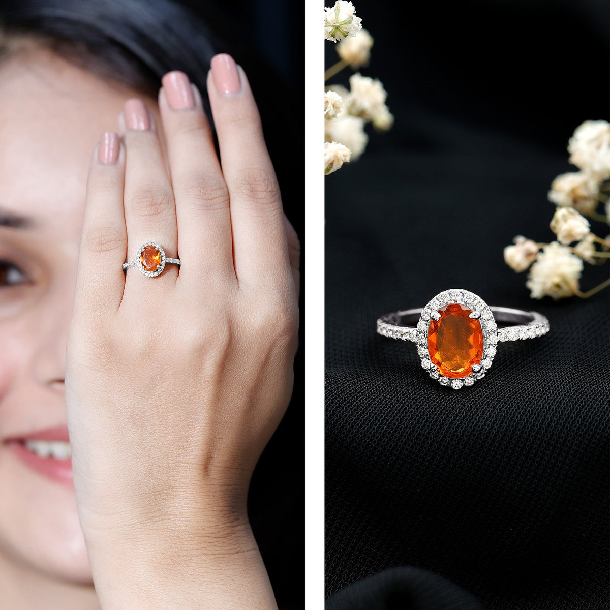 Oval 1 Carat Fire Opal engagement ring with diamond halo, featuring a rose gold band and intricate detailing.