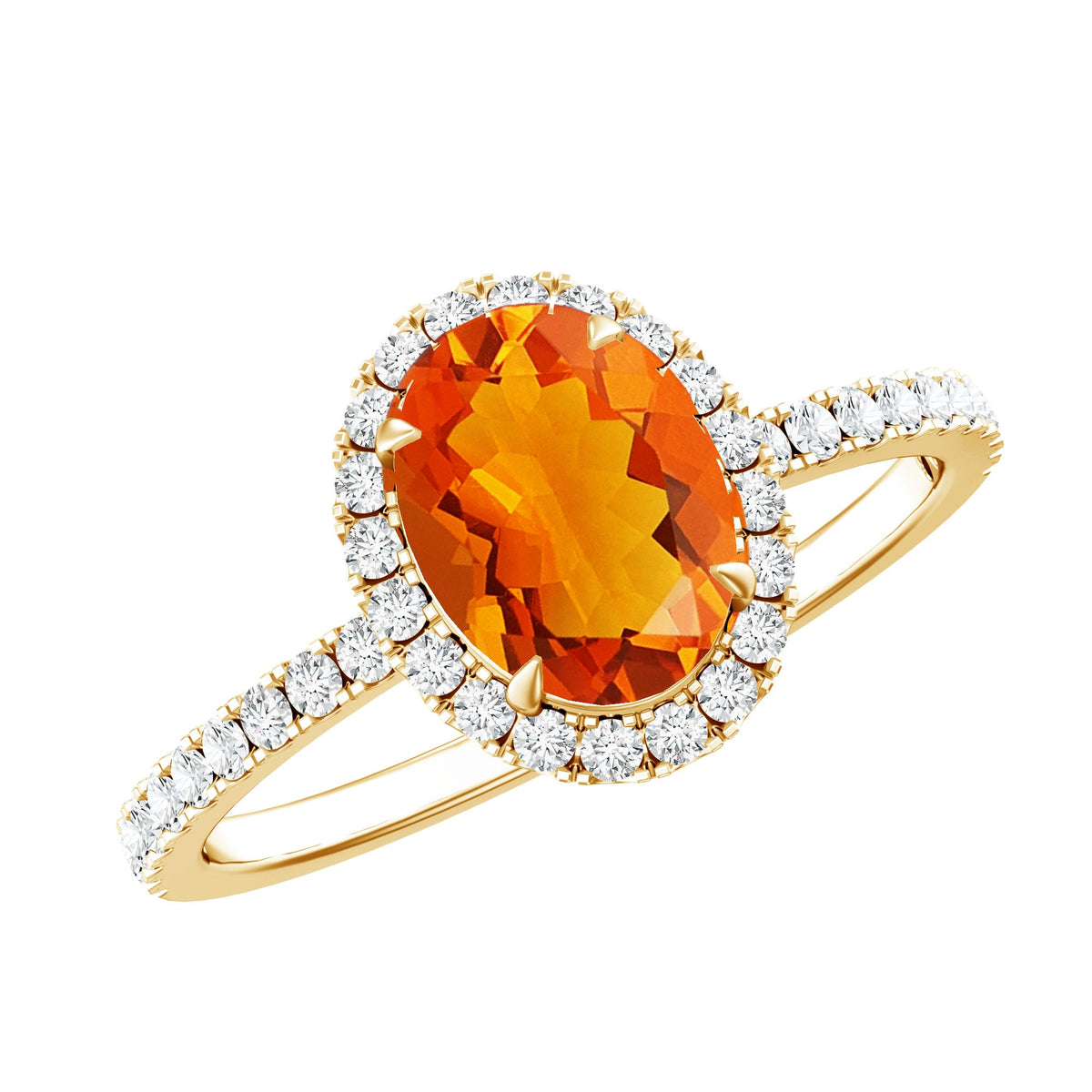 Oval 1 Carat Fire Opal engagement ring with diamond halo by Rosec Jewels, showcasing a sparkling fire opal center and diamond accents.