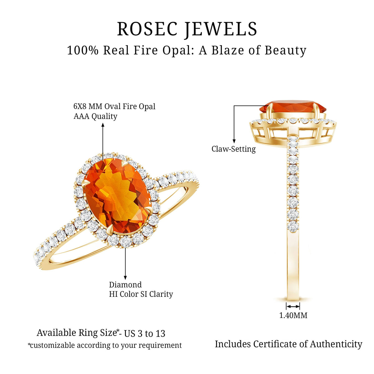 Oval 1 Carat fire opal engagement ring with diamond halo and rose gold band from Rosec Jewels.