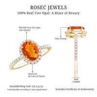 Oval 1 Carat fire opal engagement ring with diamond halo and rose gold band from Rosec Jewels.