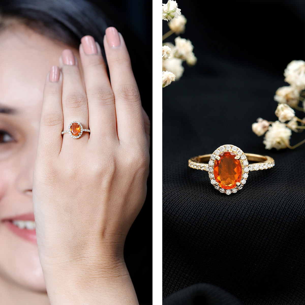Oval 1 Carat Fire Opal engagement ring with diamond halo from Rosec Jewels, showcasing a sparkling fire opal centerpiece with surrounding diamonds.